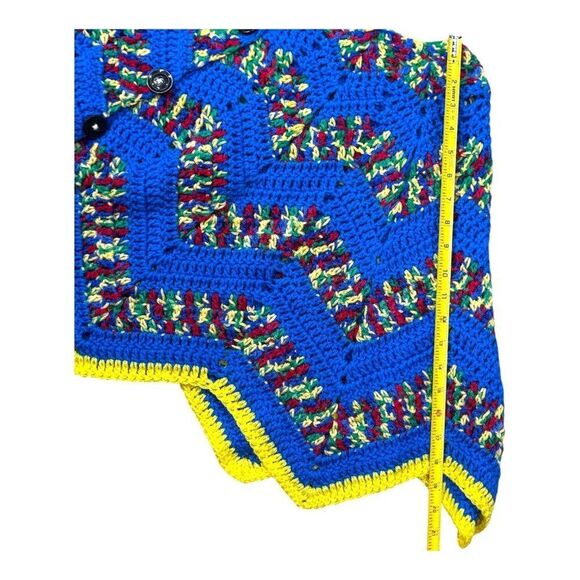 Handmade Crochet Knit Zigzag Poncho Button Closure Blue Yellow & Design Vintage - Picture 3 of 5